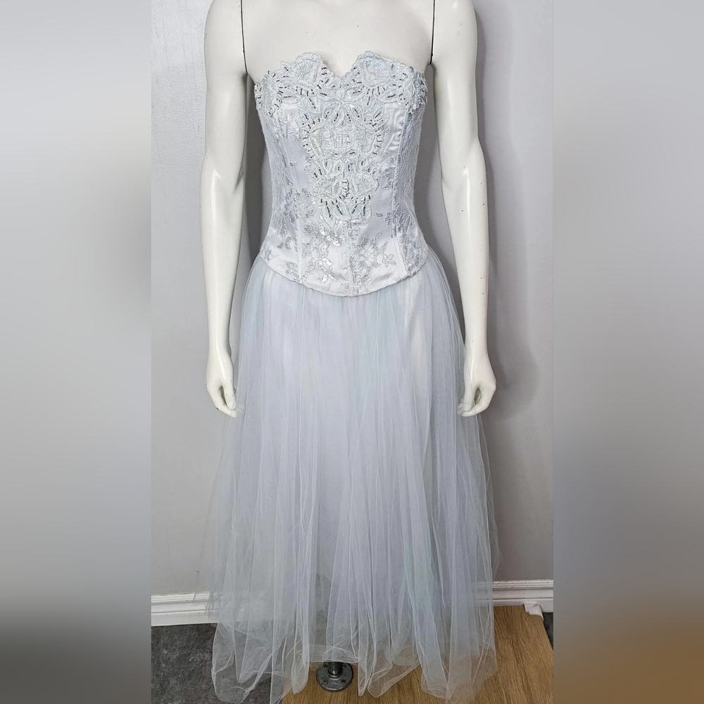 Y2K Gunne Sax Jessica McClintock Icy Blue Embroidered Corset Top And Tulle Skirt